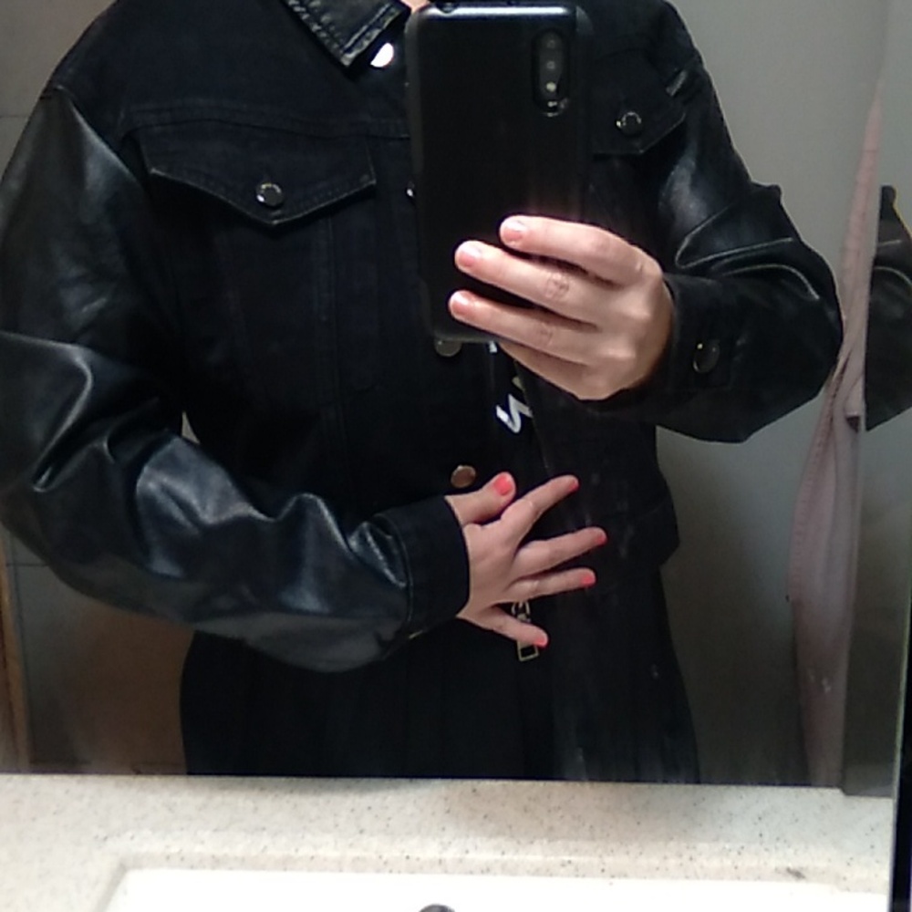 Rebecca Minkoff Black Jean Jacket Leather Sleeve XS Nwt